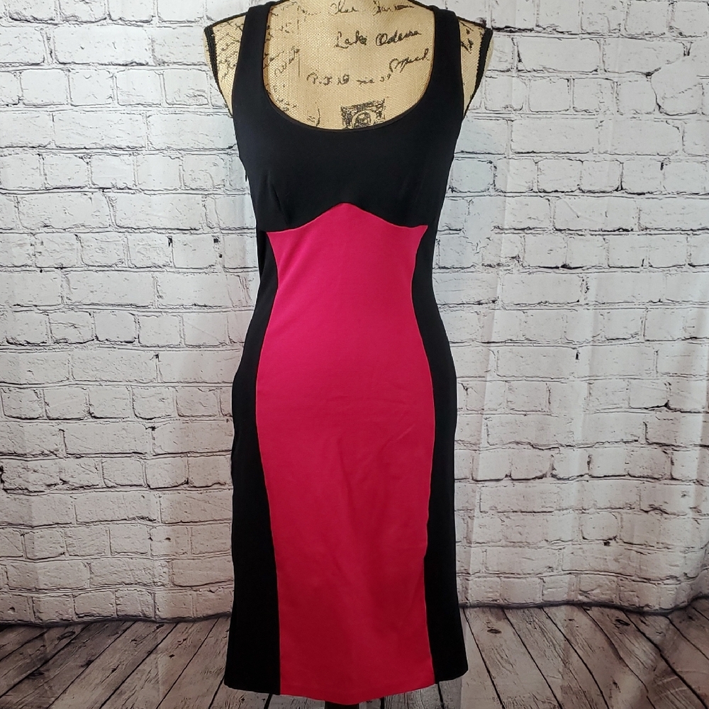 Moda International Black and Raspberry Midi Fitted Sleeveless Dress Size 6